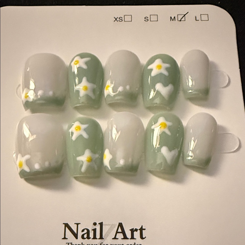 Green and White Hand Painted Floral Nail Art Set with French Tips. Medium short